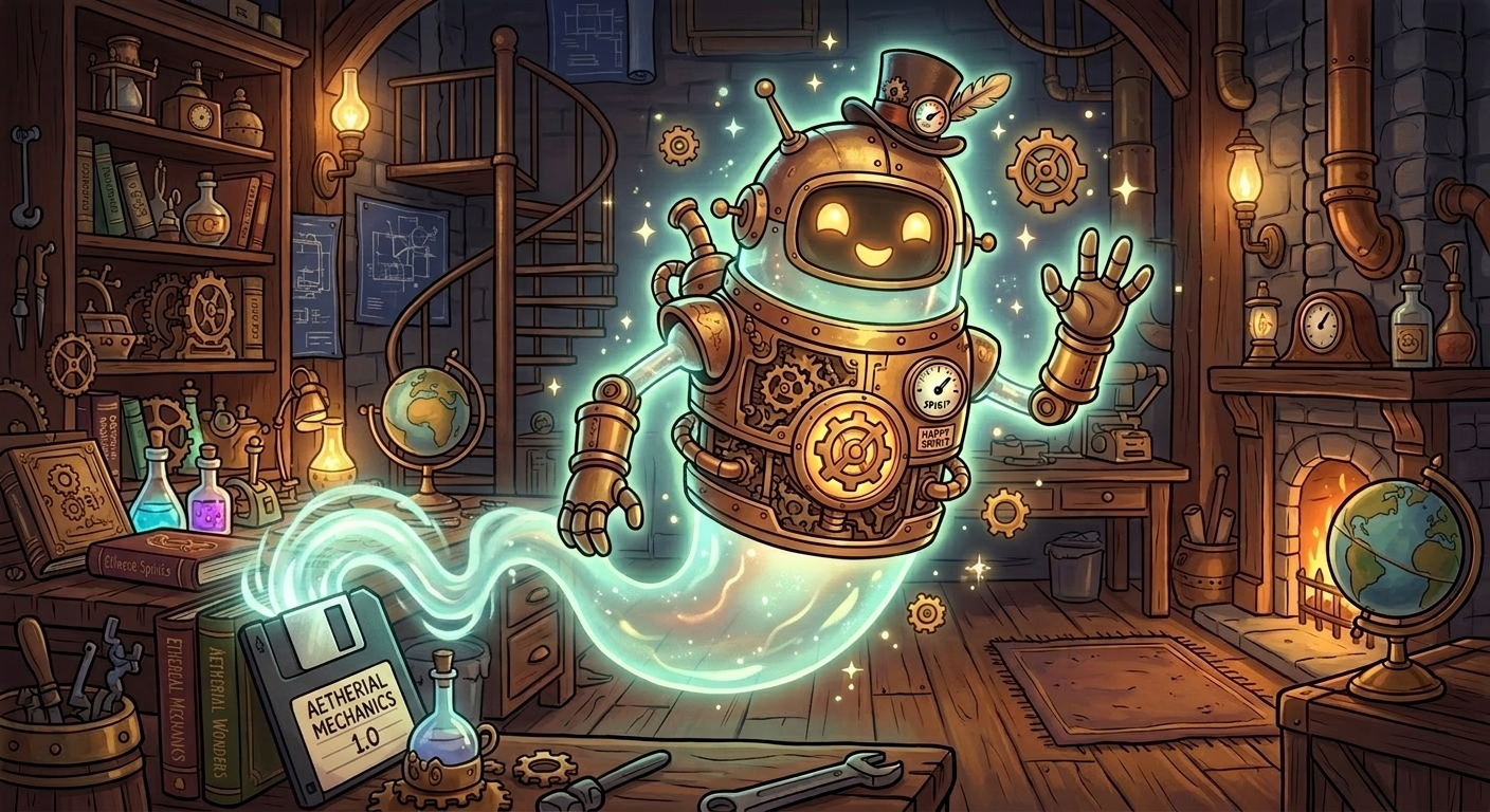 Round brass robot spirit in a Victorian laboratory